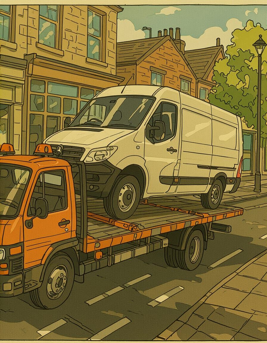 UK Town Street Scene: Recovery Lorry and Damaged Van