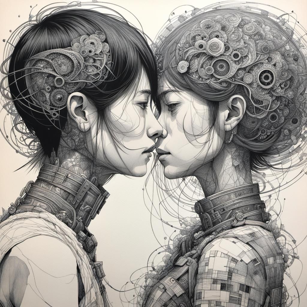 Entwined Faces: Single Line Ink Drawing