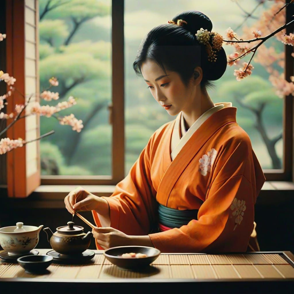 Traditional Japanese Geisha in Vibrant Kimono and Tea Room