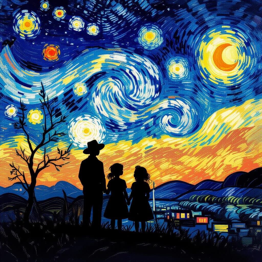 Impressionist Night Scene with Children Silhouettes