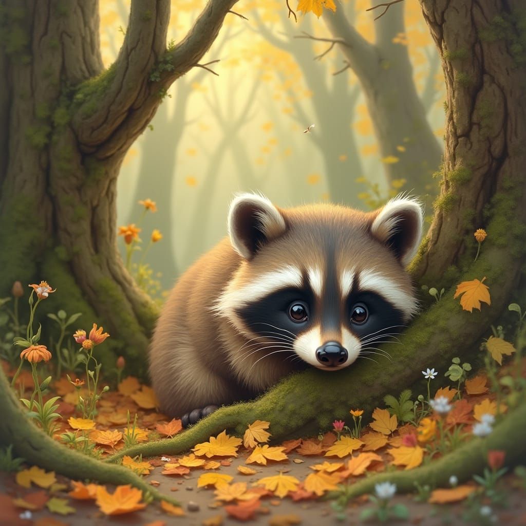 Lost Raccoon Cub in Sun-Dappled Forest, Painterly Style