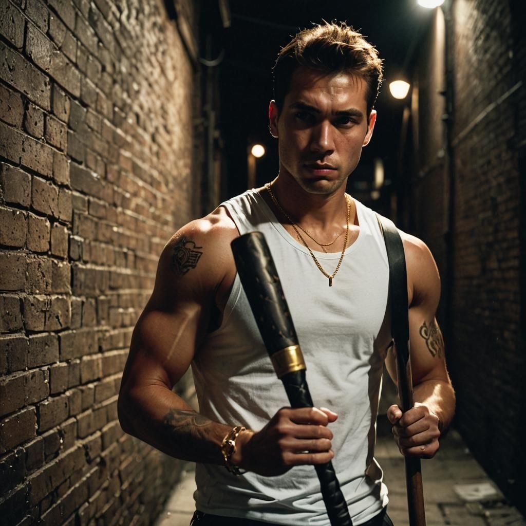 Man with Baseball Bat, White Tank Top
