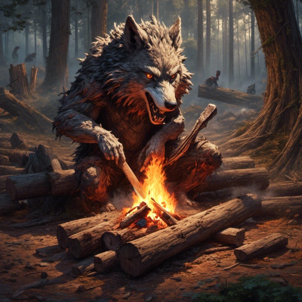 Wolf Creature Enjoying Porridge by Bonfire