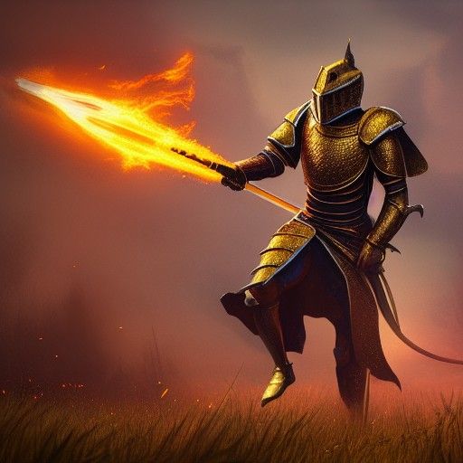 Golden Knight with Flaming Sword Fantasy Art