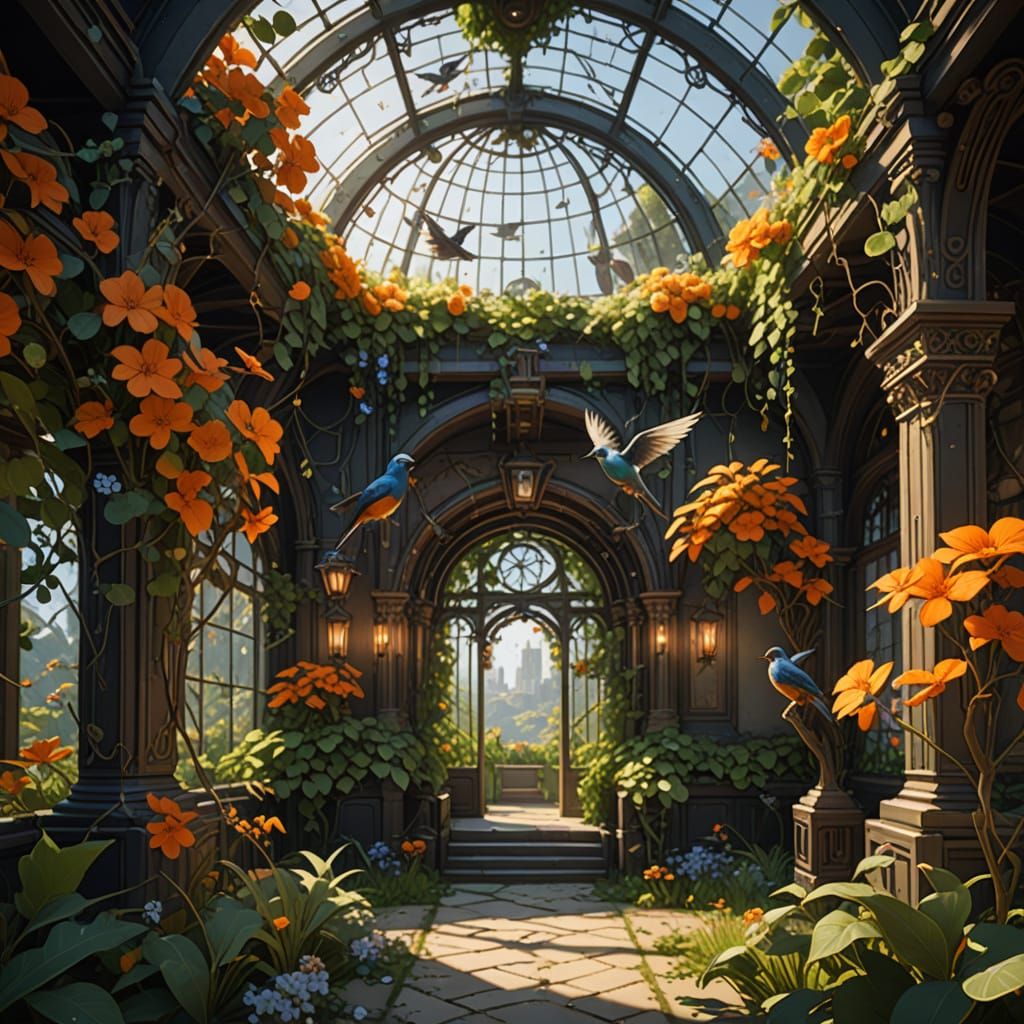 Oath-Birds Aviary: Interior Concept Art in Art Nouveau Style
