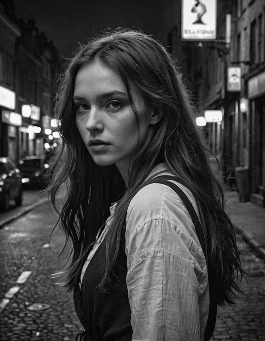 Girl in Noir City Street, Oil Painting