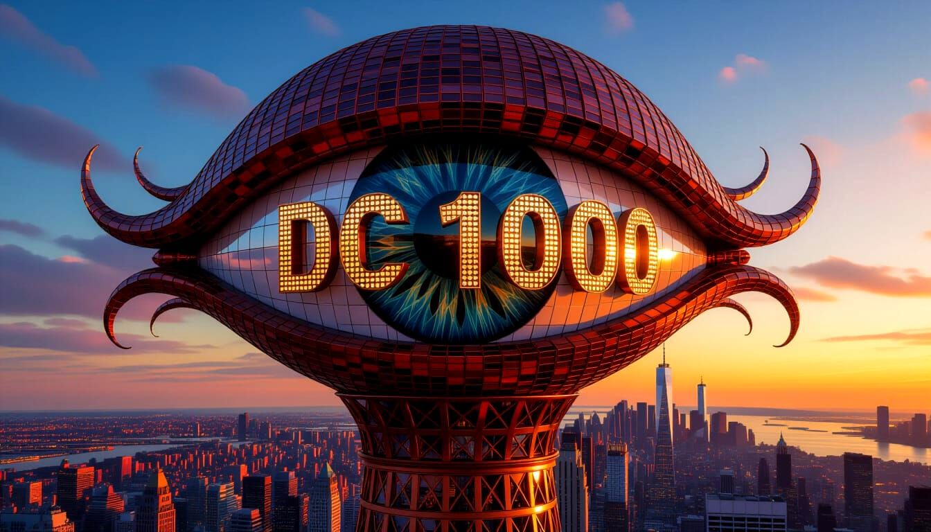 As dusk descends, a colossal tower eye, ingeniously shaped l...