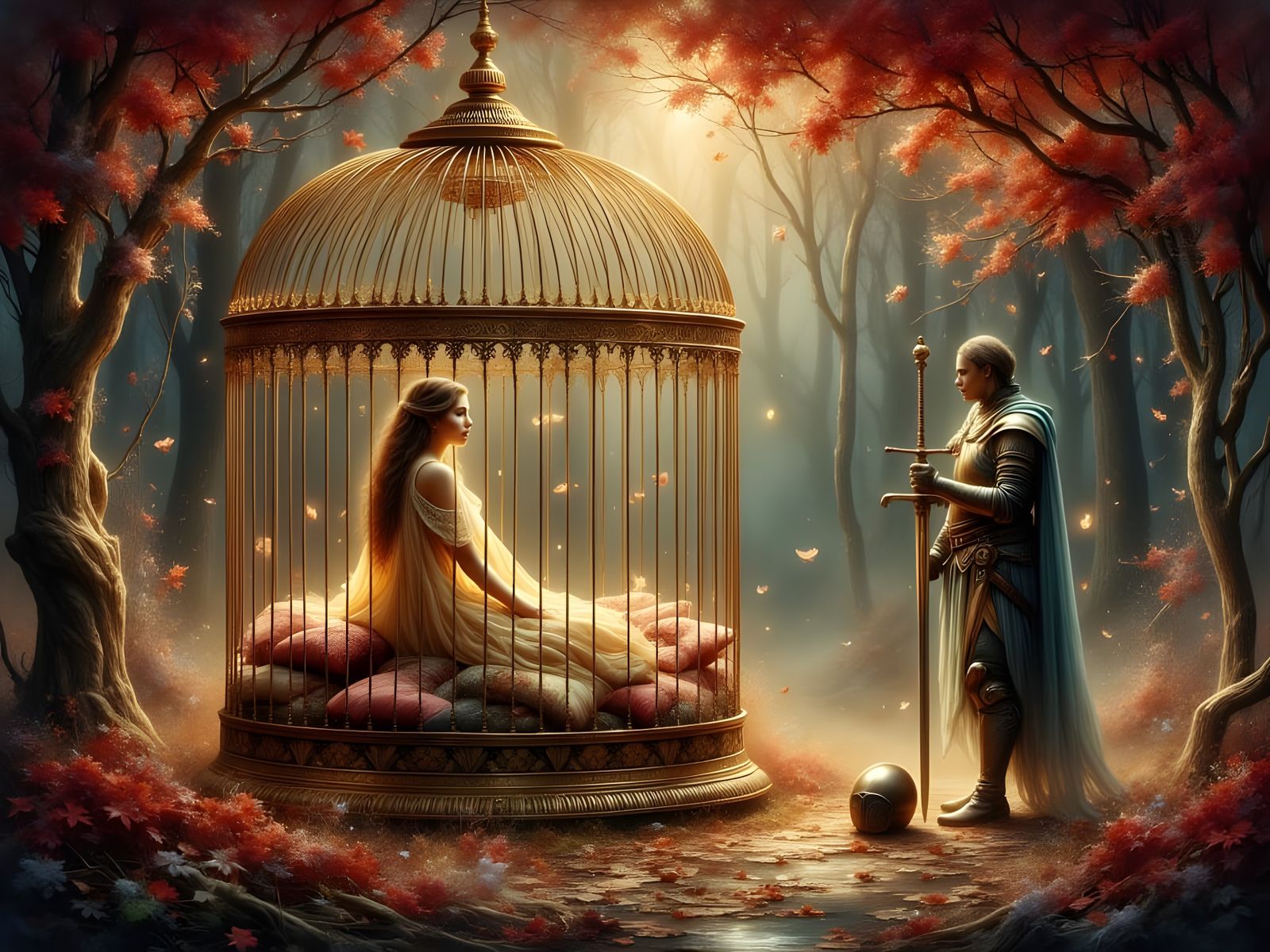 Golden Cage Captive in Autumn Forest