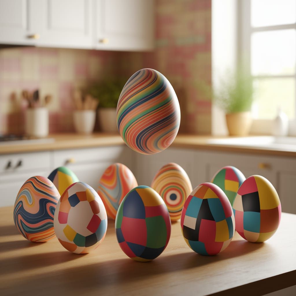 Easter Eggs in Vibrant Paint Patterns, Surrounded by Soft Pa...