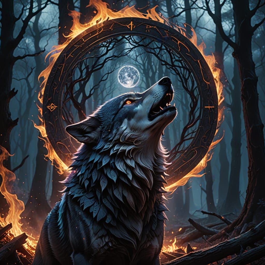 Ethereal Wolf Howls Amidst Dancing Witches Digital Painting
