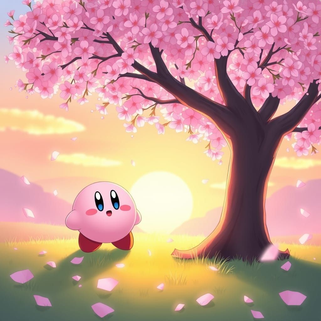 Kirby Discovers Cherry Blossoms in Whimsical Pastel Hues