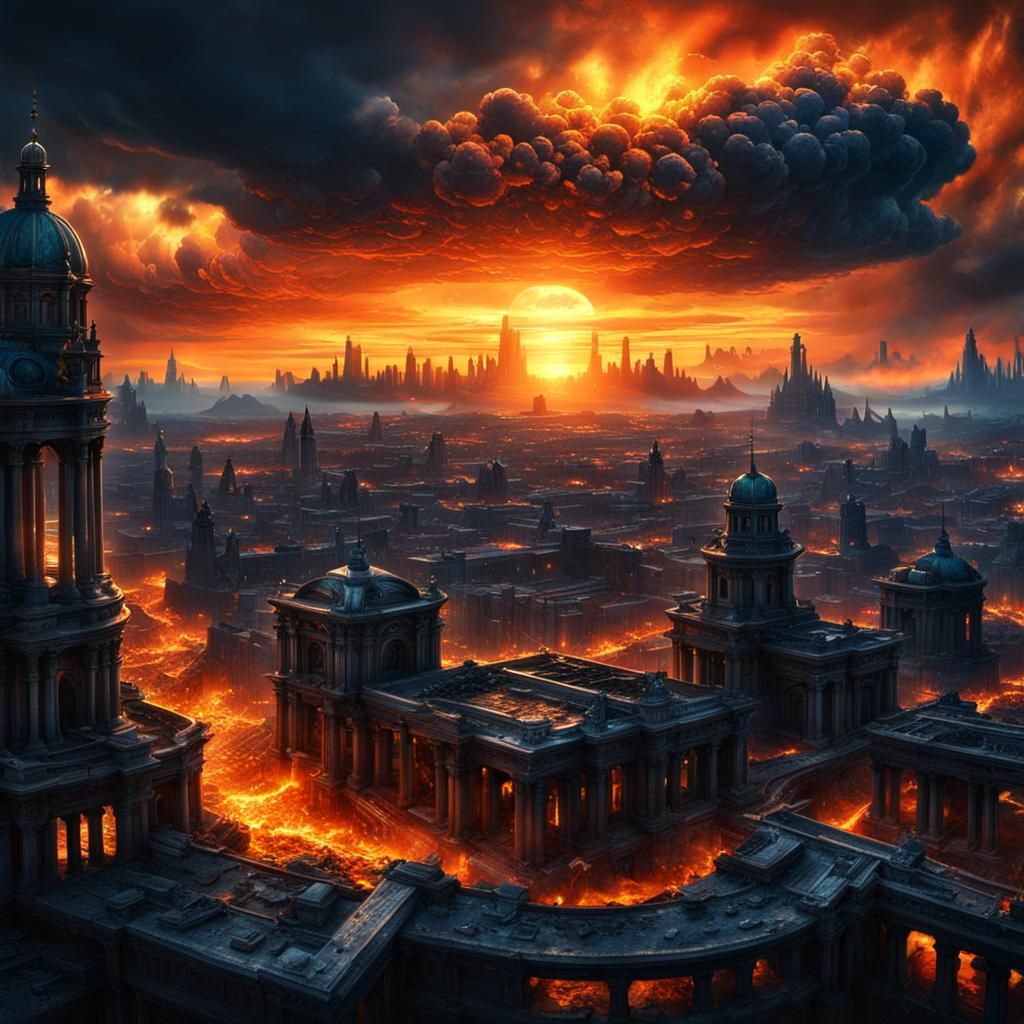 Epic Fantasy Apocalypse at Dusk in Vibrant, High-Contrast Co...