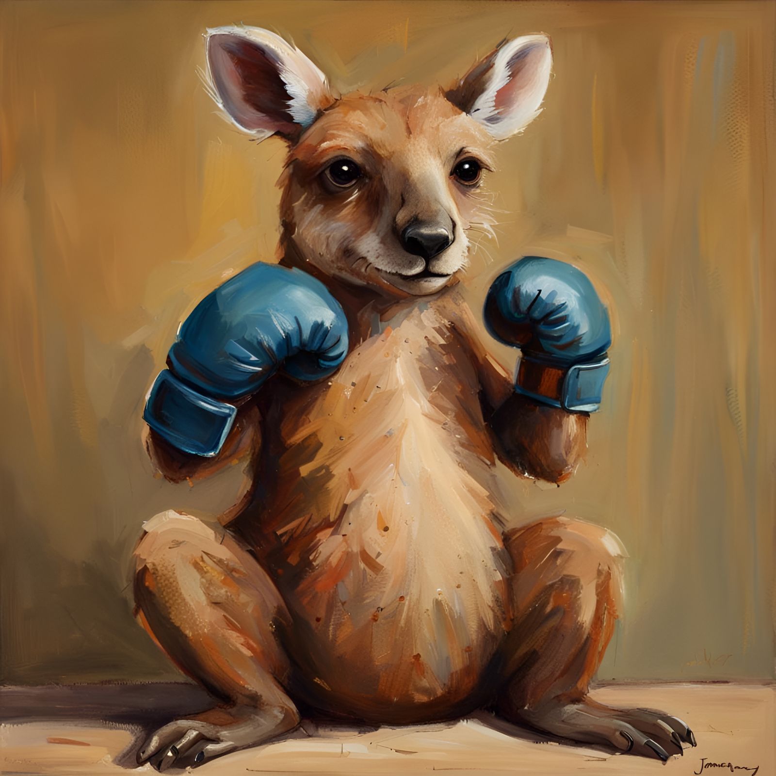 Cute Boxing Kangaroo Bear in Oil Painting Style