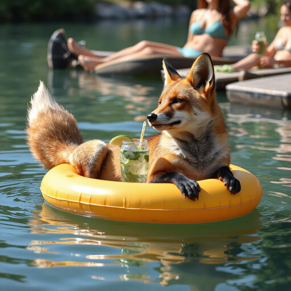 Fox Lounging in Lazy River with Drink