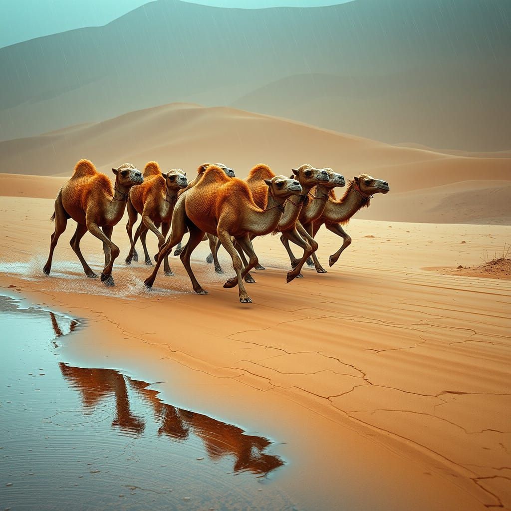 Camels Gallop in Desert Rainstorm