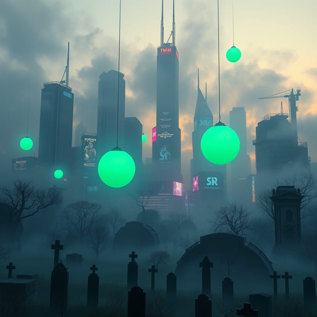 Cyberpunk Cityscape of a Haunted Graveyard at Dusk