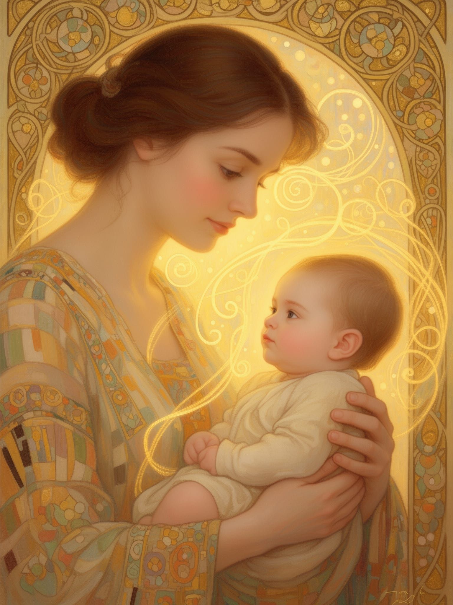 New Mother's Love With Golden Light and Gentle Colors