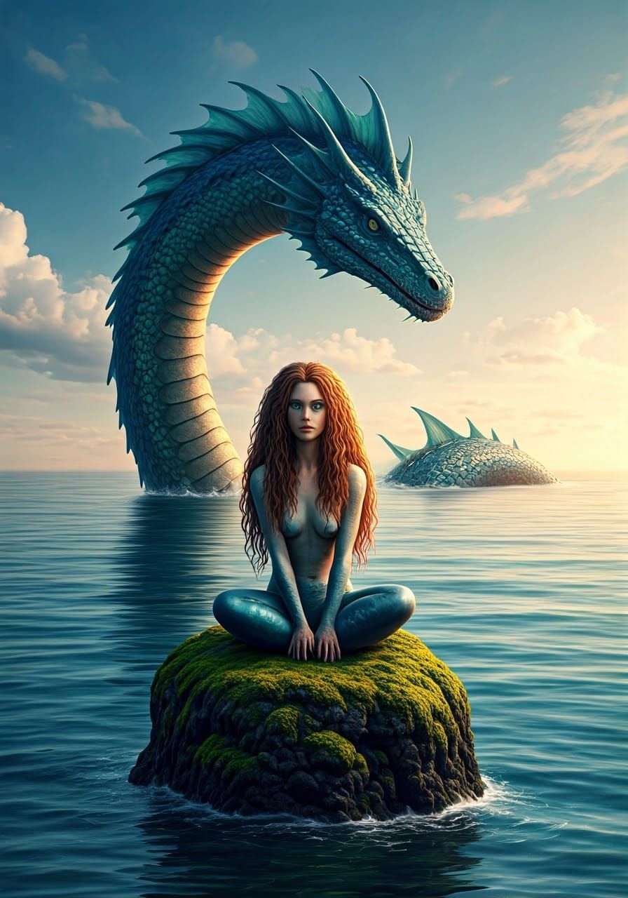 Selkie and Sea Serpent in Golden Light