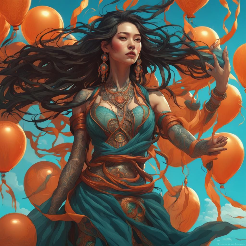 Mongolian Woman Floating with Balloons: Hyperdetailed Art