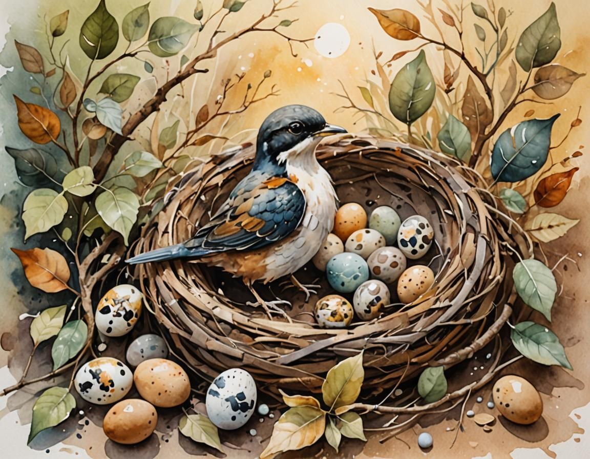 Bird Defends Nest: Watercolor Painting in Botanical Style