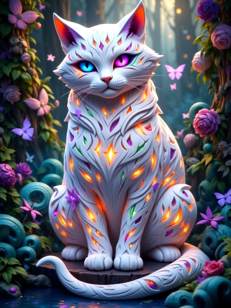 Elegant Cat in Enchanted Forest Pond