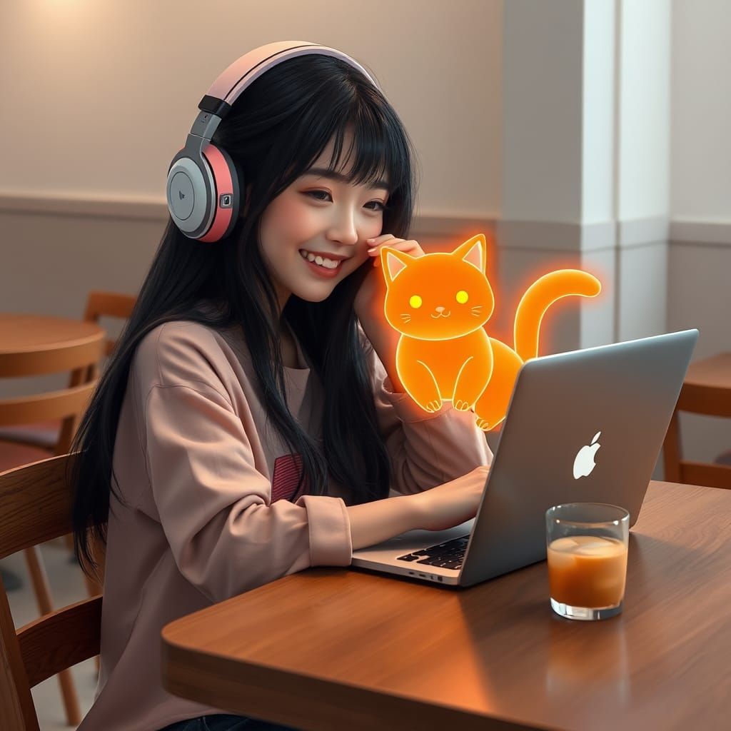 Young Woman with Holographic Cat in Minimalist Cafe