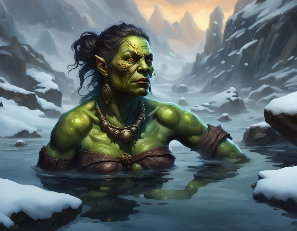 Orc Woman Relaxing in Snowy Hot Spring