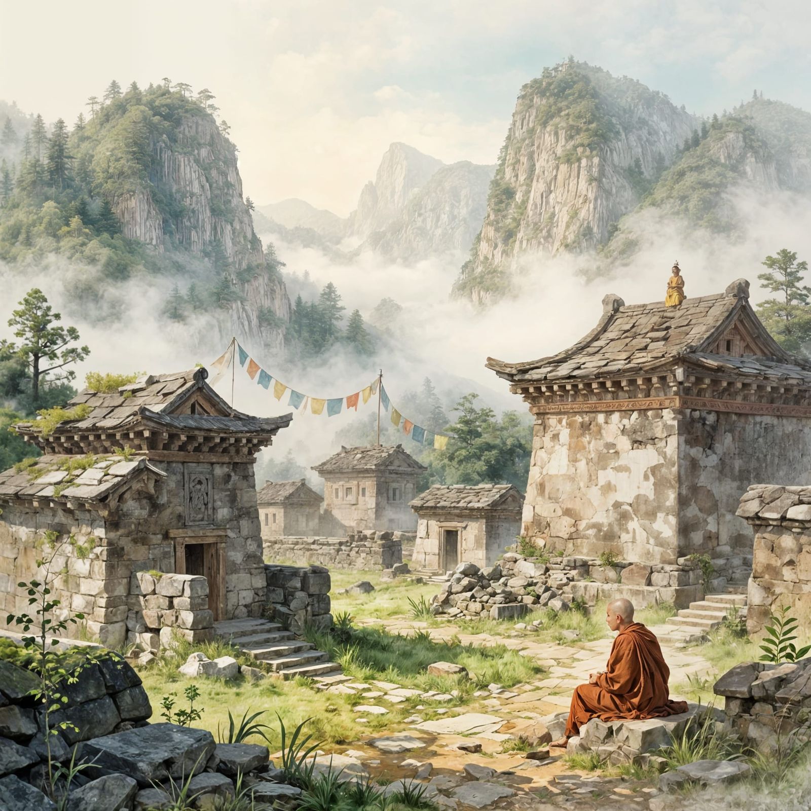 Misty Mountain Temple Complex at Dawn