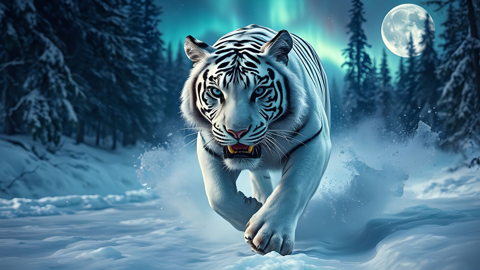 White Tiger Charging Through Icy Winter Landscape
