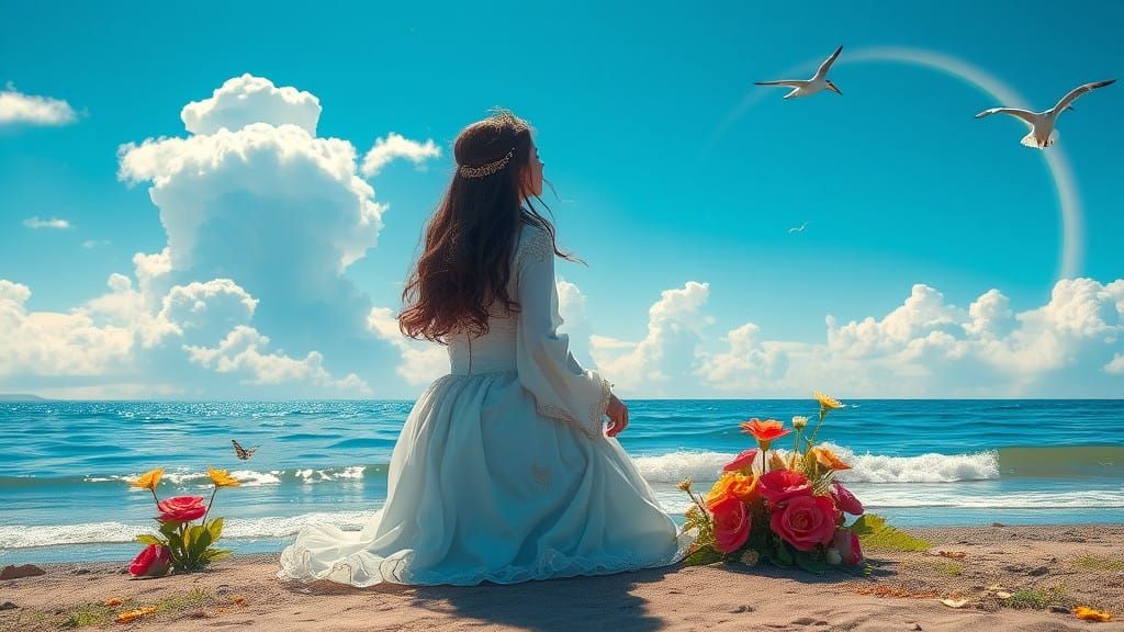 K-Pop Maiden Lost in Contemplation on the Shore