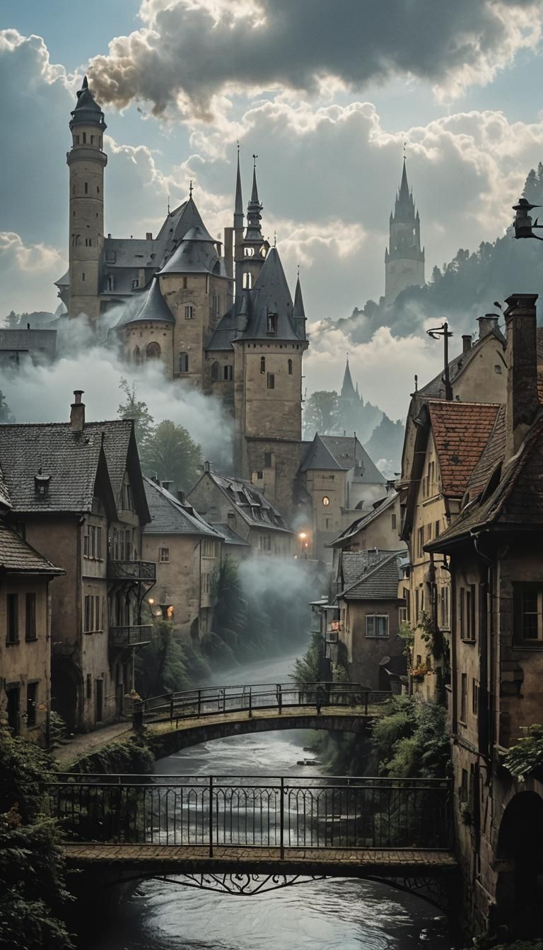 Blue Light Illuminates Misty Cityscape