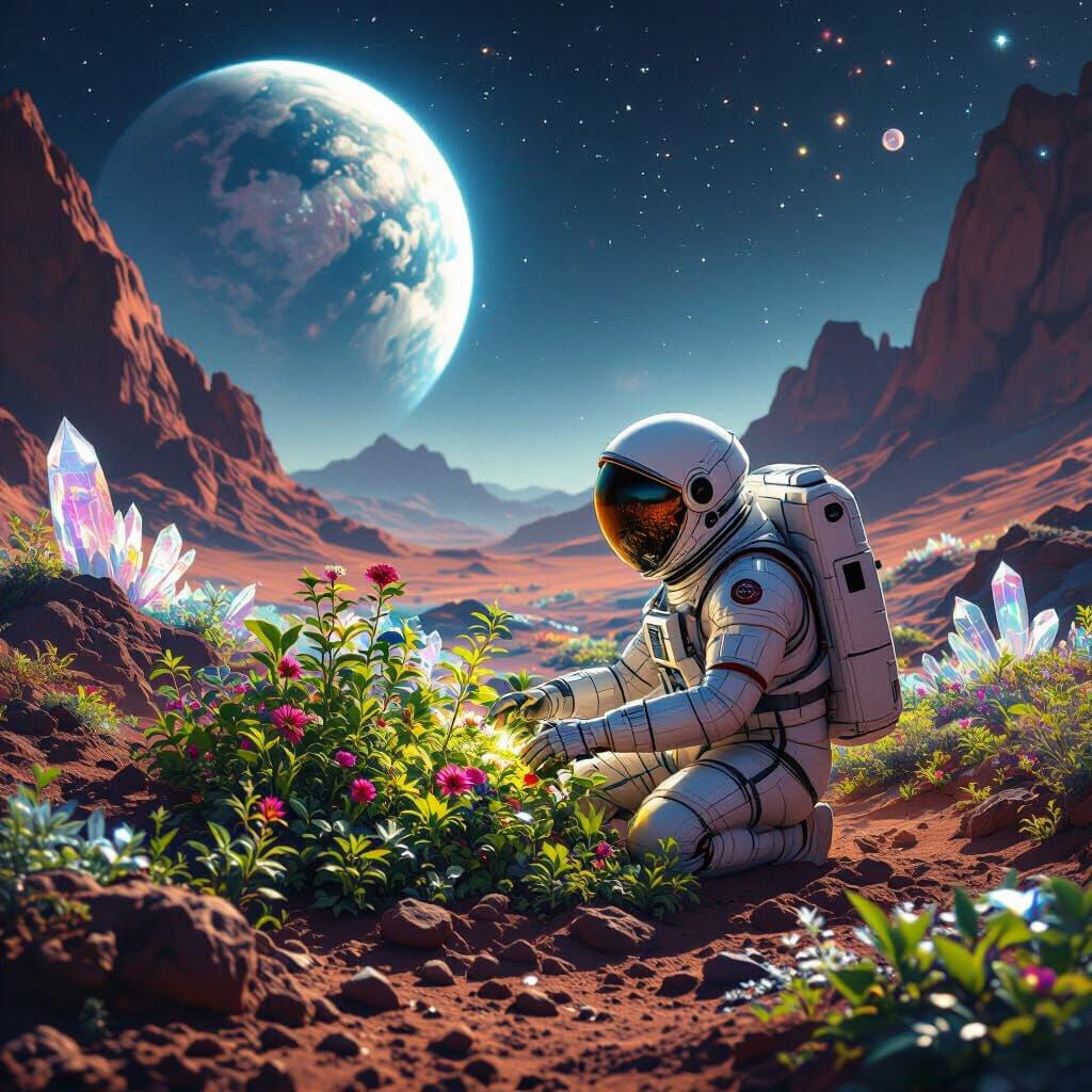 Astronaut's Alien Garden on Mars in Digital Painting Style