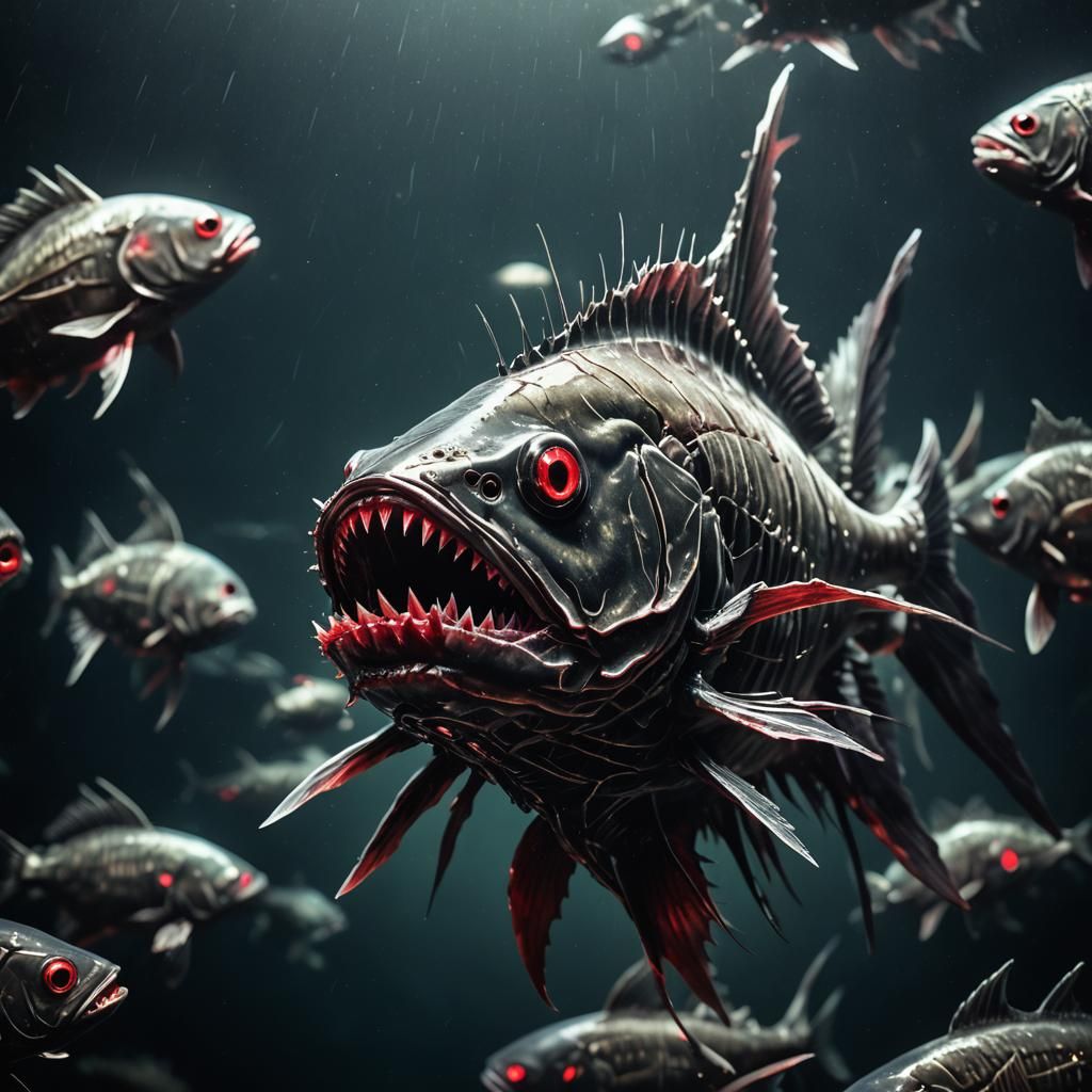 Biomechanical Horror Deep Water Fish in Oil Painting