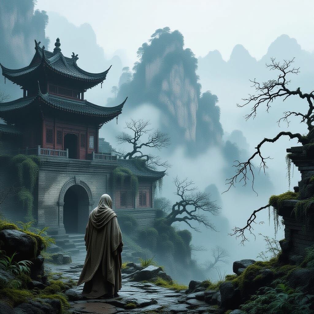 Ancient Temple Ruins on Misty Mountain Peak