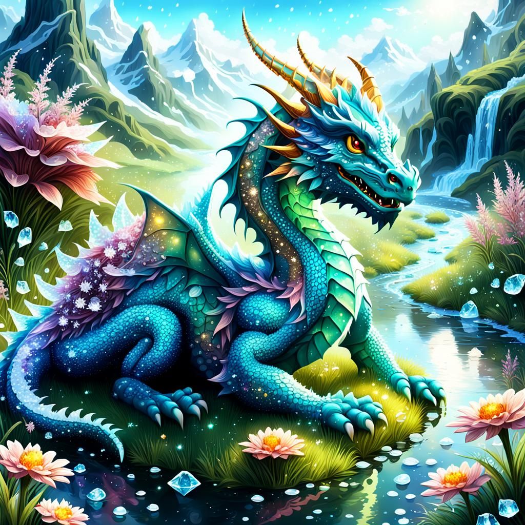 Crystalline Dragon on Lush Meadow in 3D Style