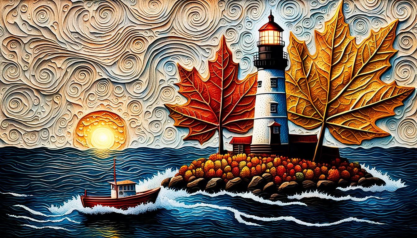 Embossed Autumn Leaf Lighthouse Fantasy Art