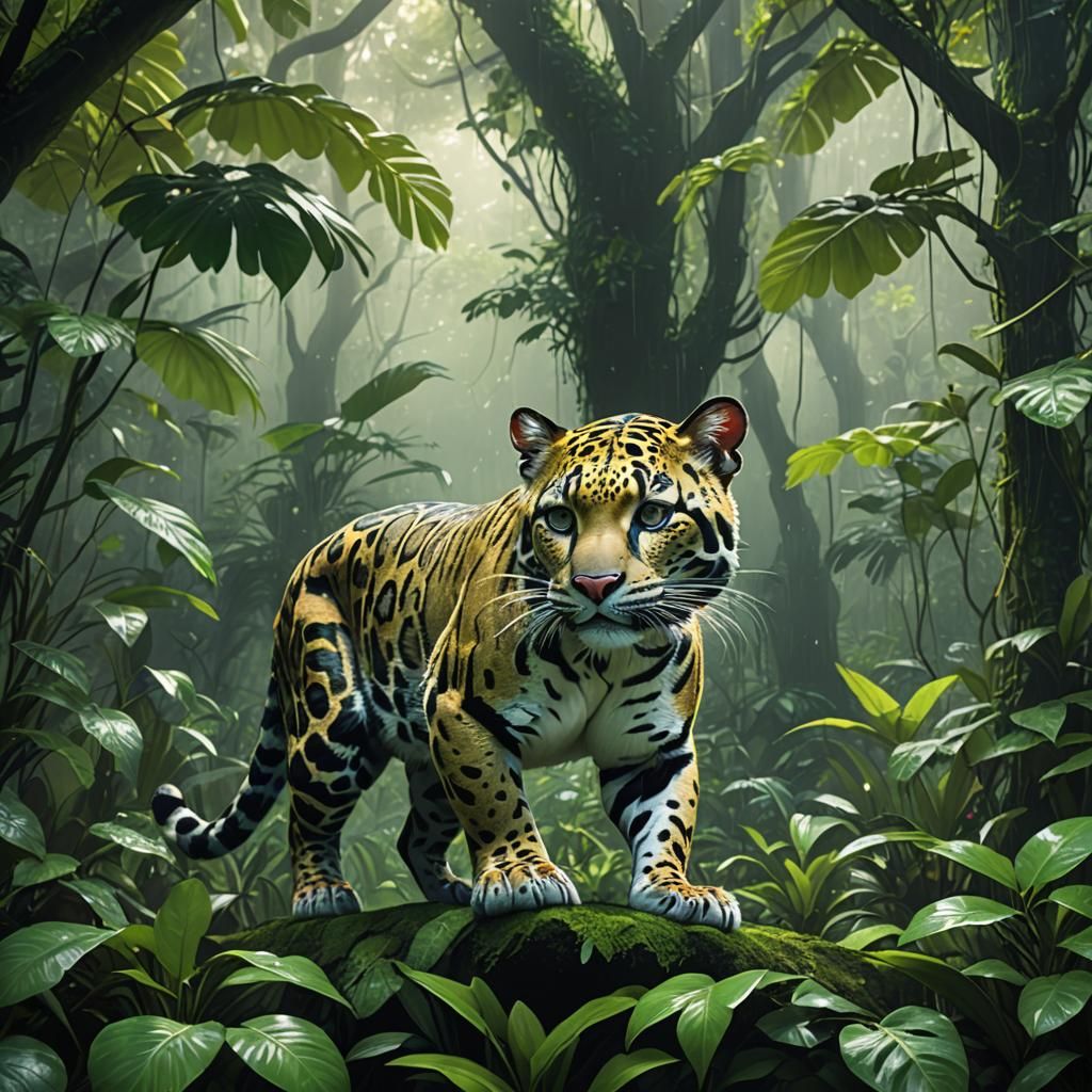 Clouded Leopard in Humid Rainforest: Anime Style 3D Art