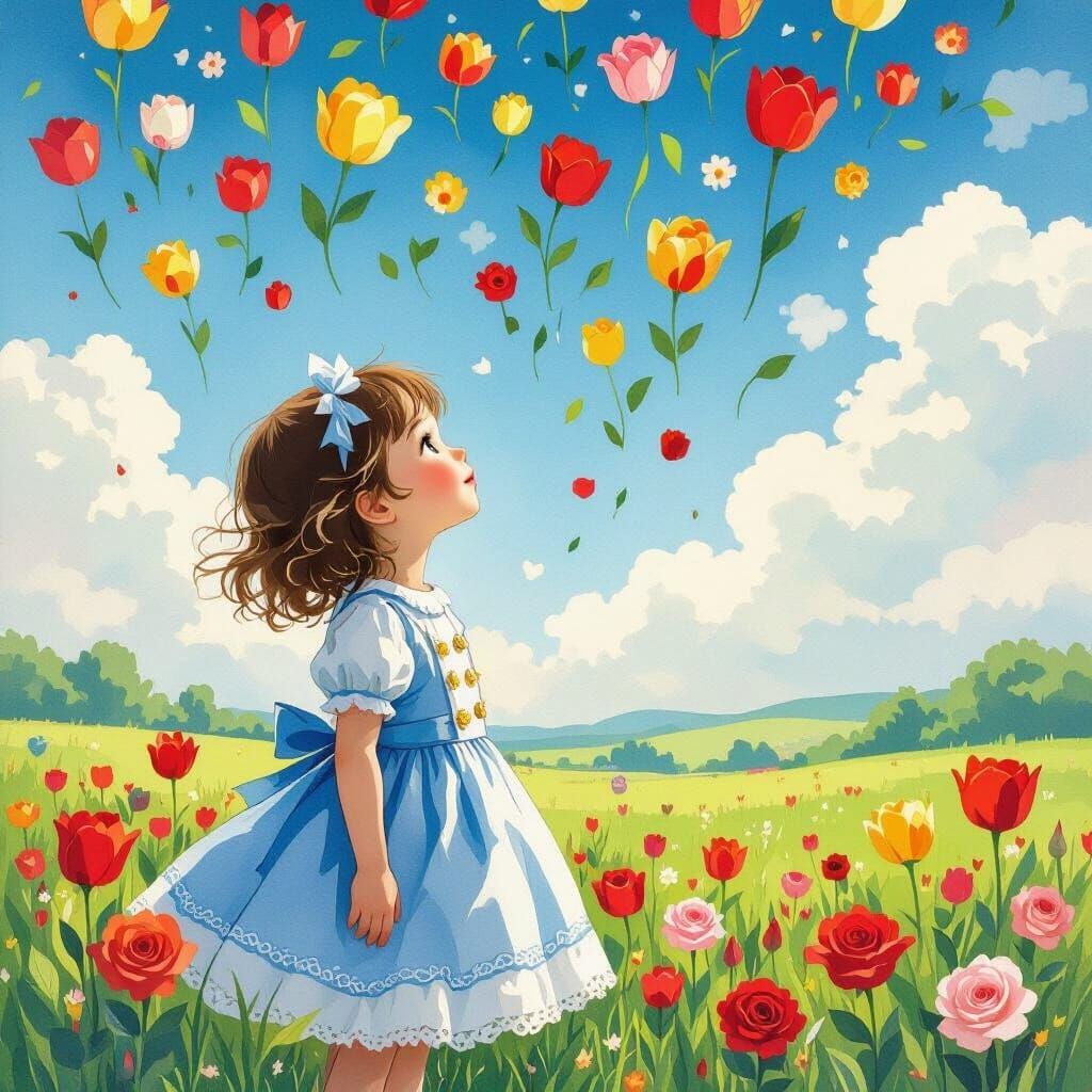 Girl Watching Floral Rain, Whimsical Art Style