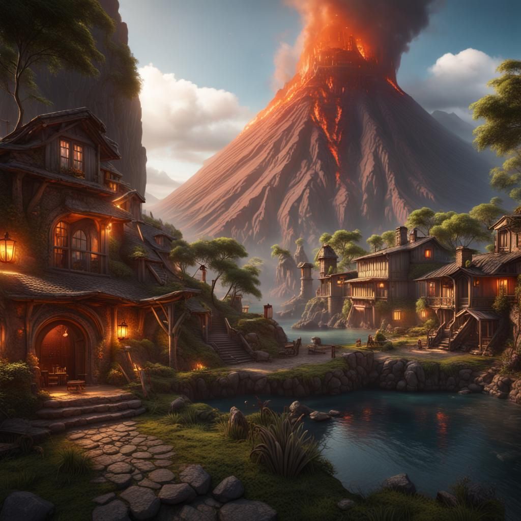 Tranquil Village Inside a Volcano in Matte Painting Style
