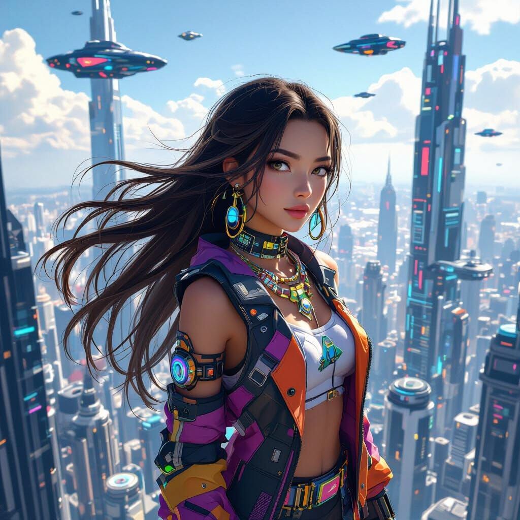 Futuristic Cityscape: Confident Woman in 3D Anime Style
