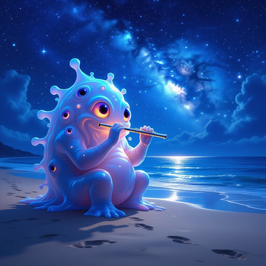 Plasma Monster Plays Flute on Starry Beach