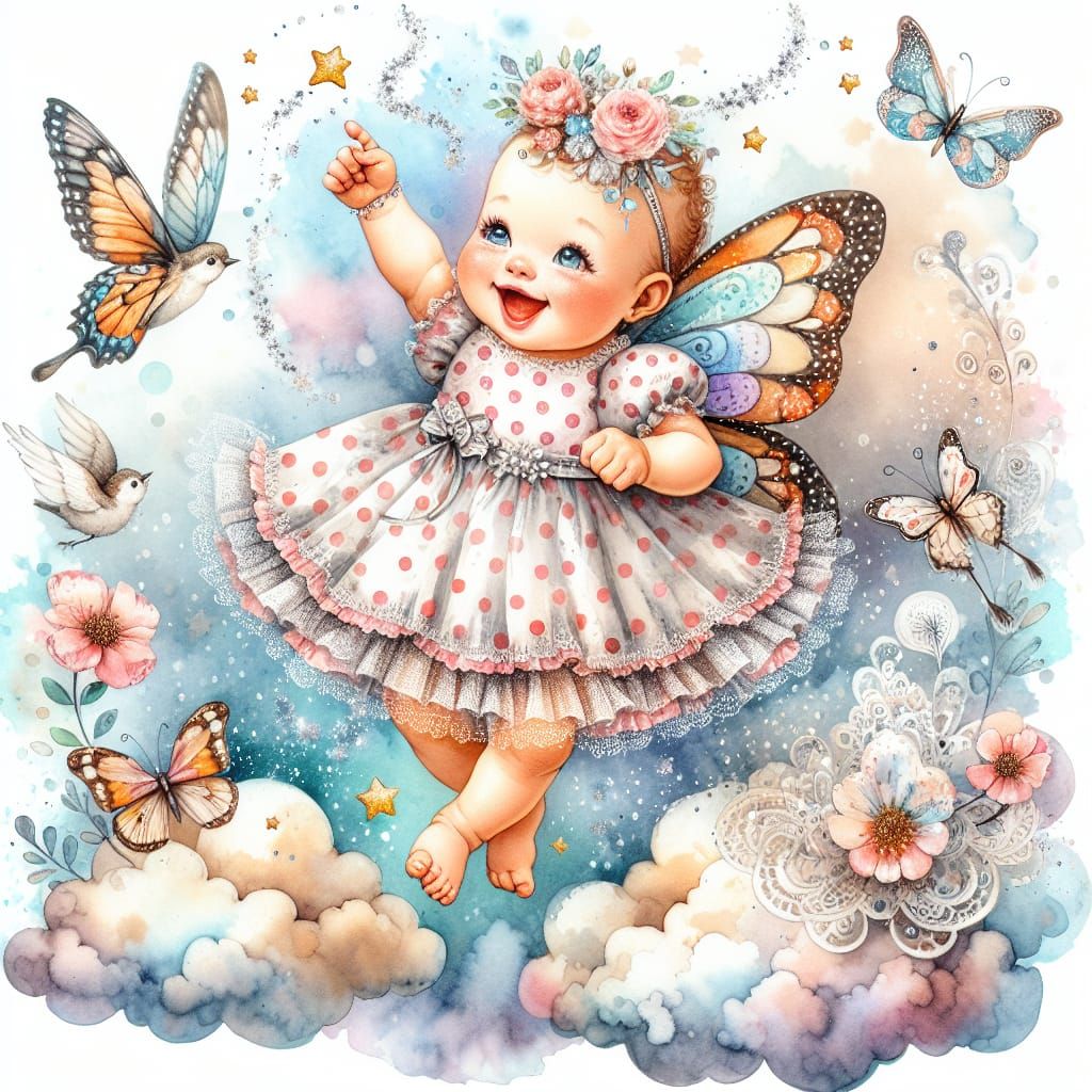 Whimsical Watercolor Fairy Baby Flies Among Clouds