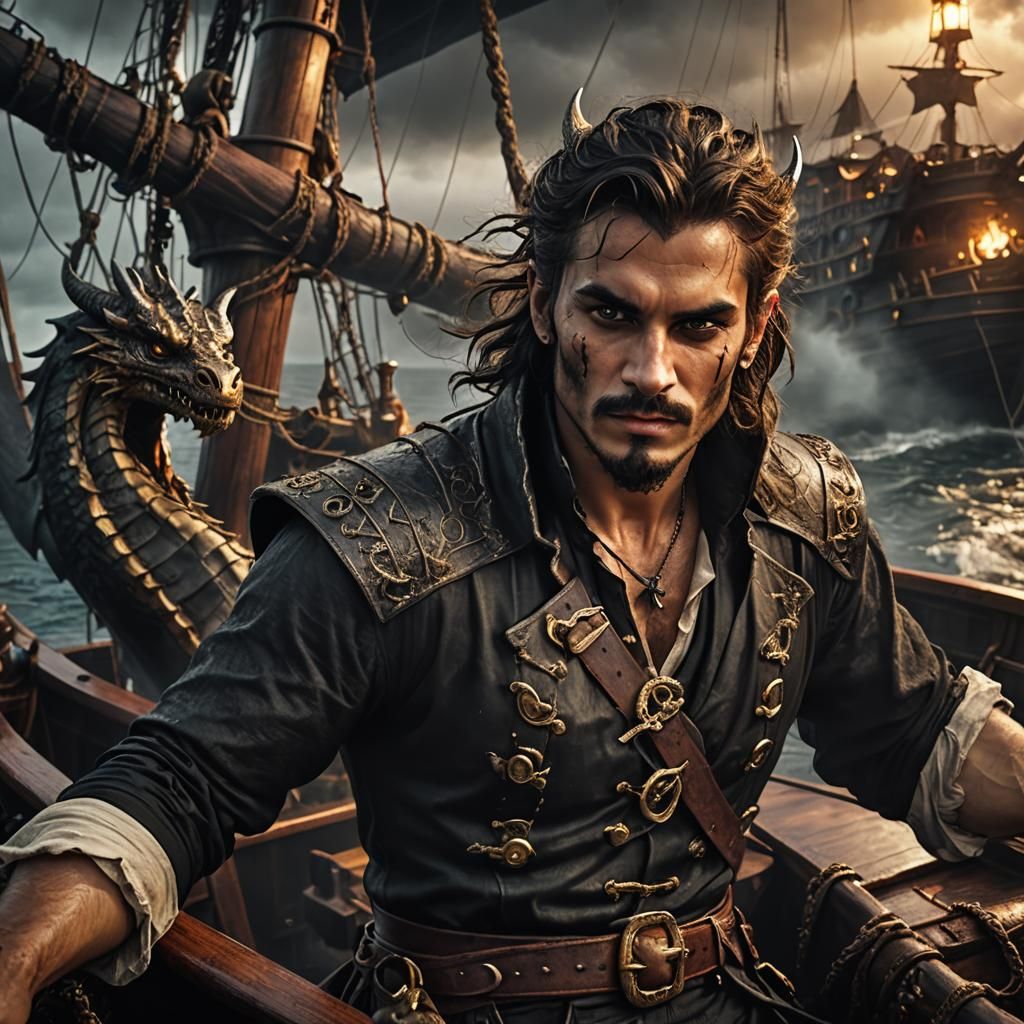 Gothic Pirate on Dragon Ship: Photorealistic Concept Art