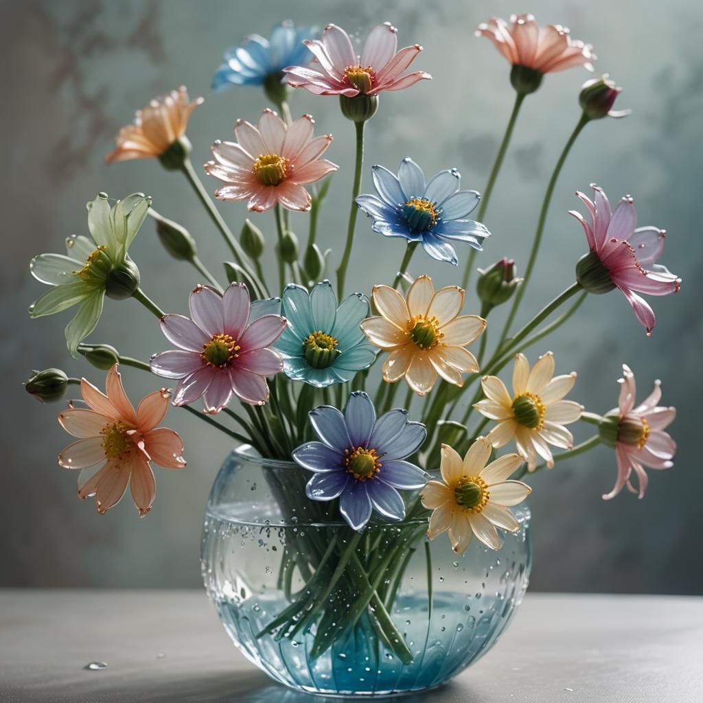 Delicate Glass Flowers Still Life in Enamel