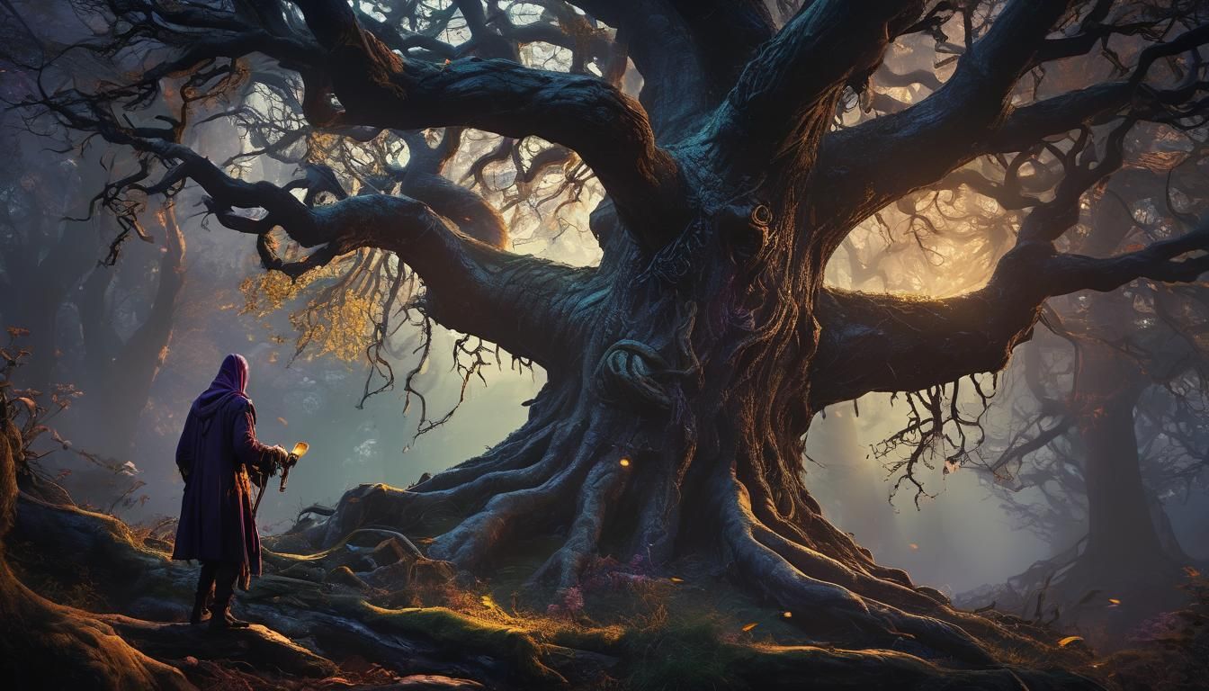 Mystical Forest Wanderer Amidst Glowing Runes