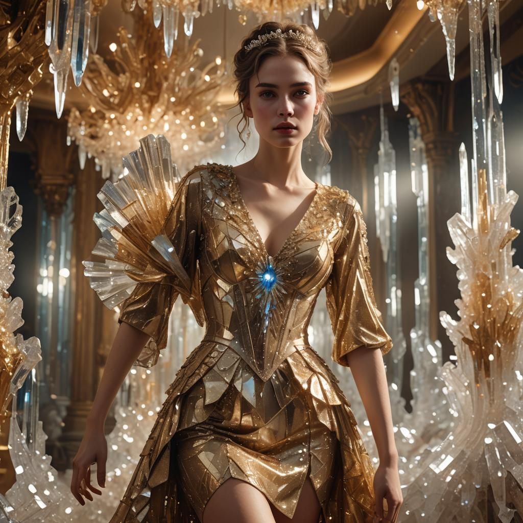 Woman in Crystal Dress in Ballroom: Digital Art