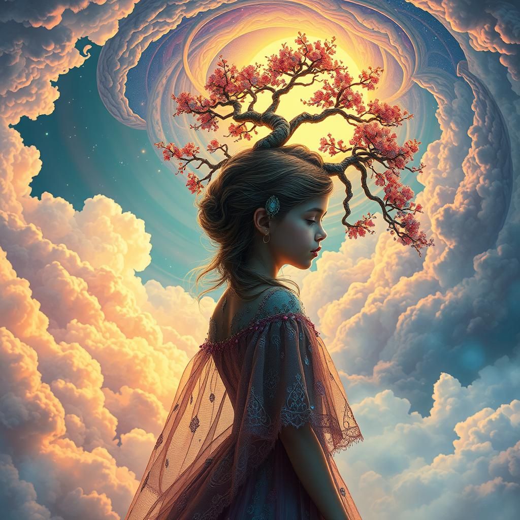 Surreal Holographic Bonsai Dreamscape with Gemstone Gown