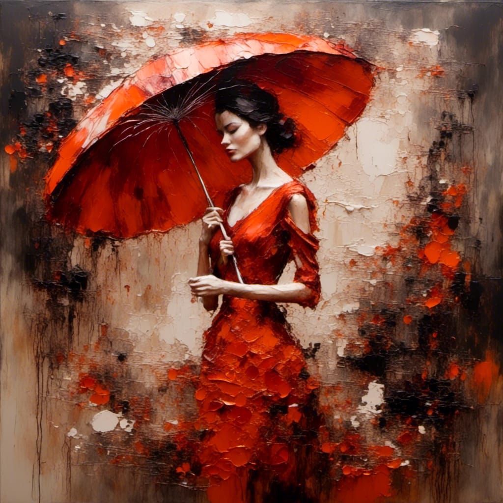 Woman with Red Umbrella in Expressive Brushwork Style