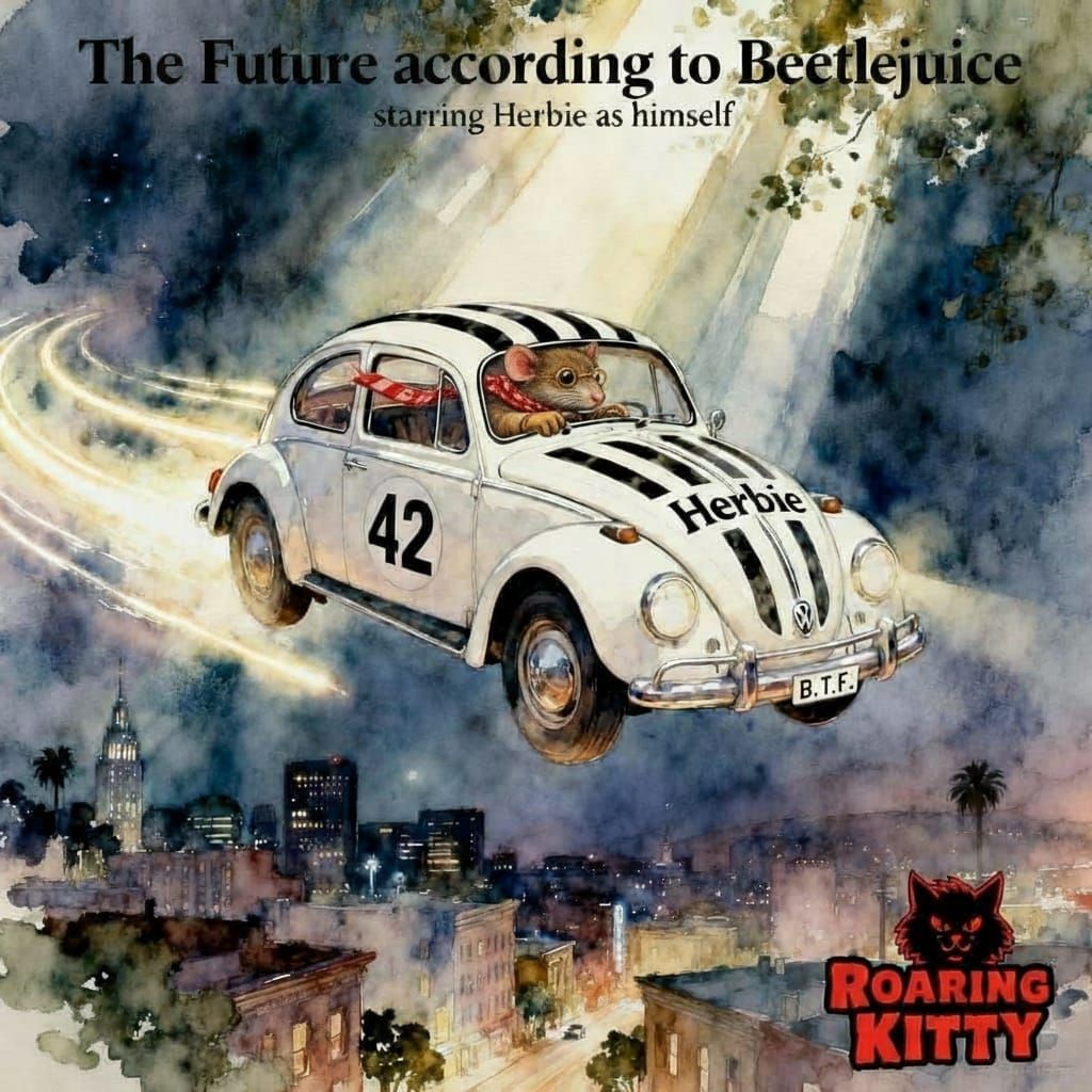 Herbie the Race Car in a 1960s Beetlejuice Sci-Fi Cityscape