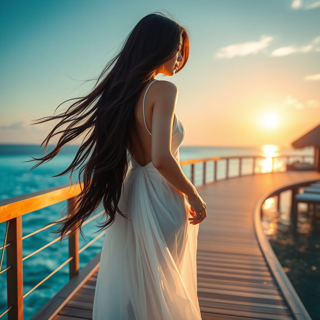 Asian Model on Maldives Deck in Hyper-Realistic Style